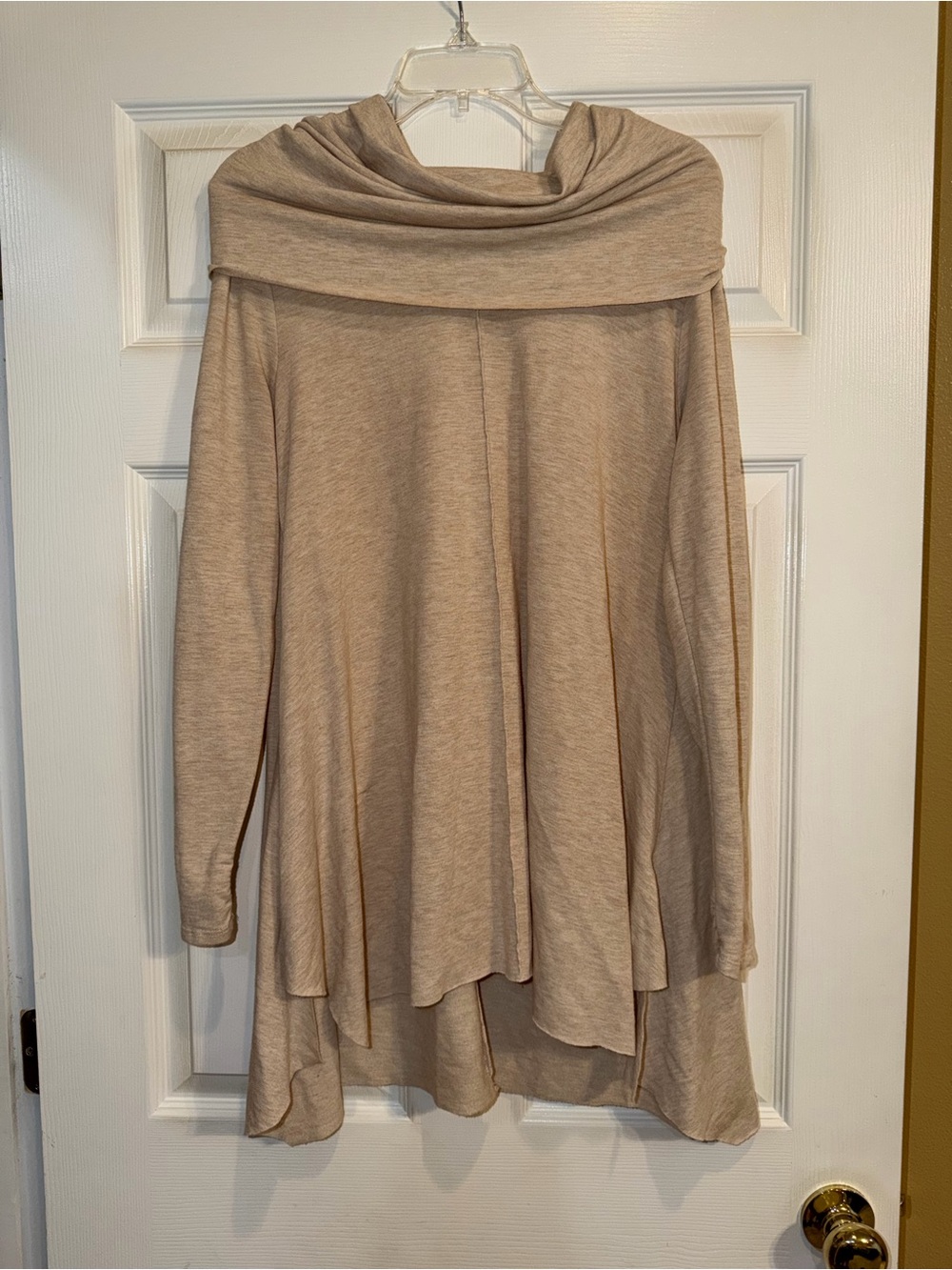 Cupio Beige Draped Off-Shoulder Knit Sweater